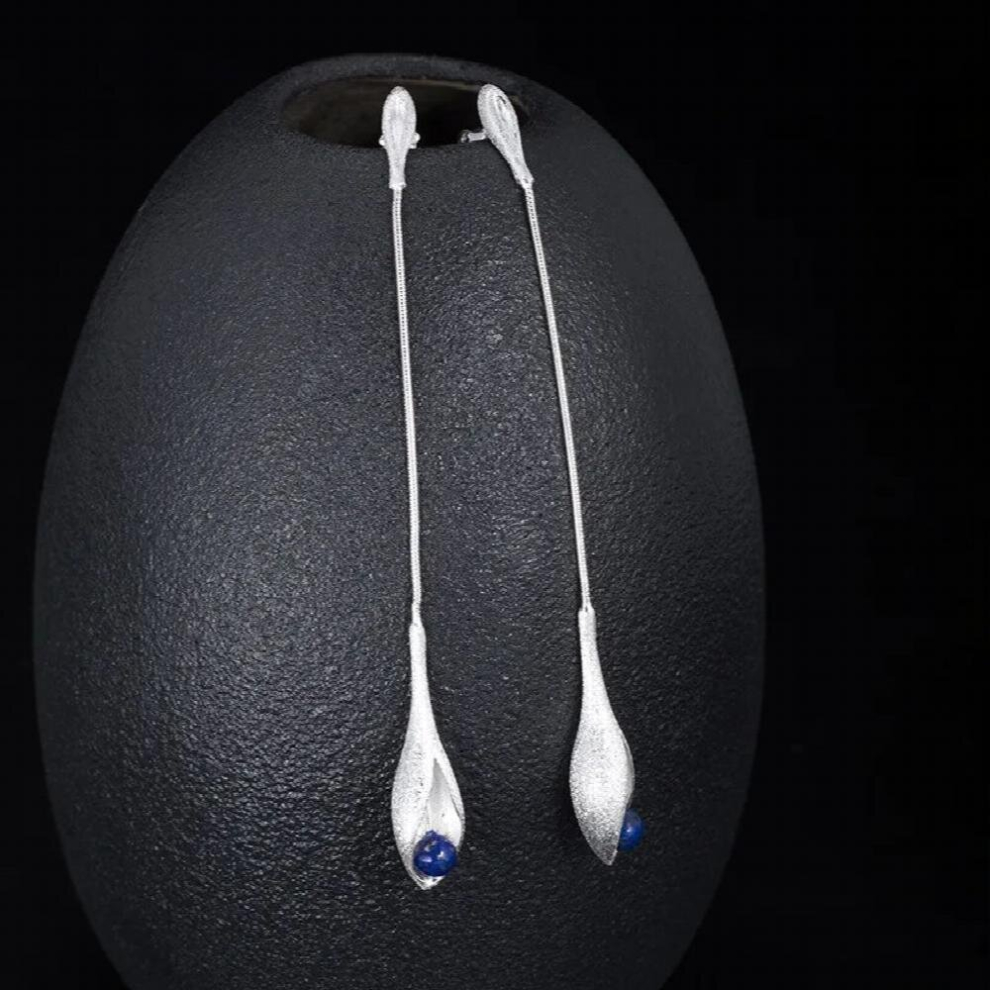 Chinese Style 925 Sterling Silver Long Earrings Women Jewelry Lapis Lazuli Bouquet Flower Dangle Earrings-image-OPC-PCSKVZ8-NEW