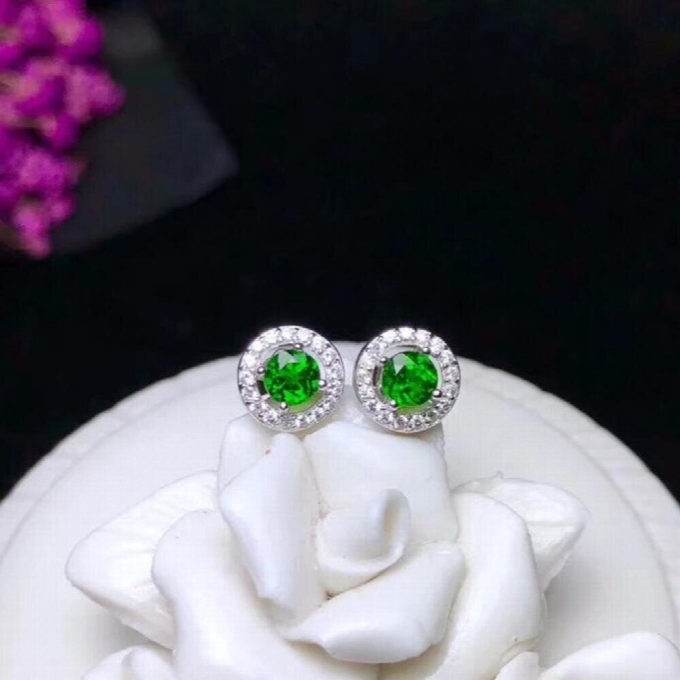 small round natural green diopside stud earrings Natural gemstone earrings S925 silver women party jewelry-image-OPC-PCSKWDD-NEW