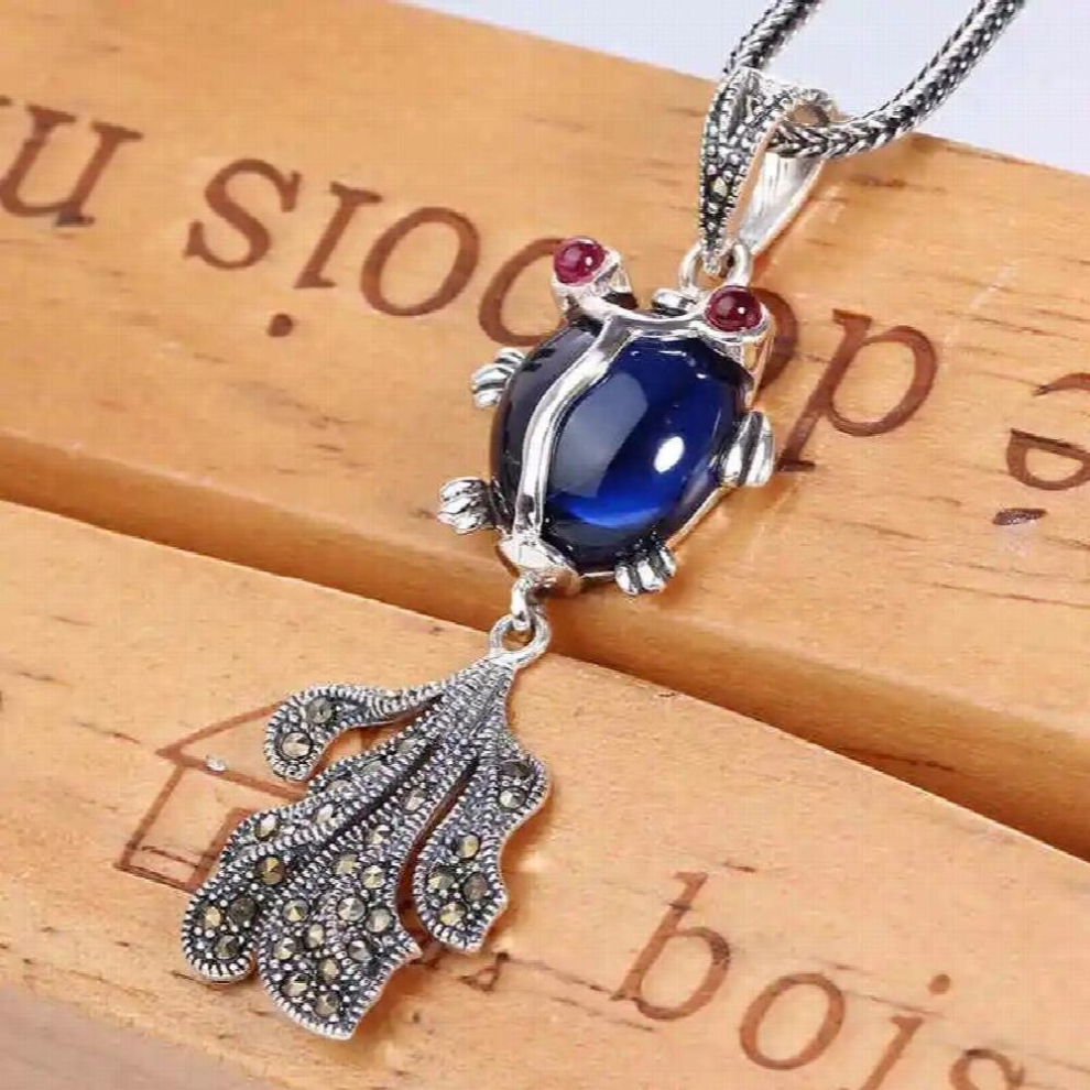 Retro 100% 925 Sterling Silver Natural Sapphire Carp Pendant Necklace Vintage Gemstones Pendants Jewelry For Women-image-OPC-PCSKWK5-NEW