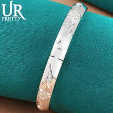 925 Sterling Silver Relief Flower Bangle Bracelet For Women Wedding Engagement Party Jewelry Christmas Gift