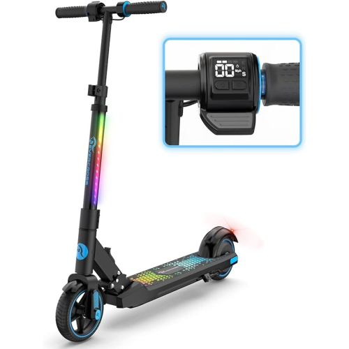 (Blue) Electric Scooter, 6.5'' Foldable Electric Scooter for Kids Ages 6-12, Up to 15 KM/H & 8 KM, LED Display, Colorful LED Lights