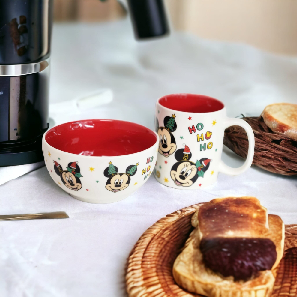 Mickey Mouse Ceramic Coffee Mug & Cereal Bowl Set Christmas Theme