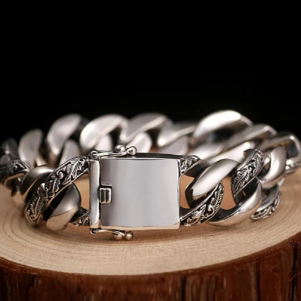 S925 Silver Vintage Cuban Bracelet Mens Dominant Locomotive Europe and America Mens Bracelet