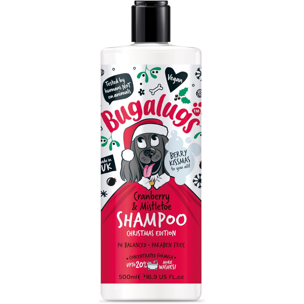 Bugalugs Cranberry & Mistletoe Dog Shampoo Christmas Edition, festively fragrant grooming products. Dog & puppy shampoo, vegan, pH balanced.