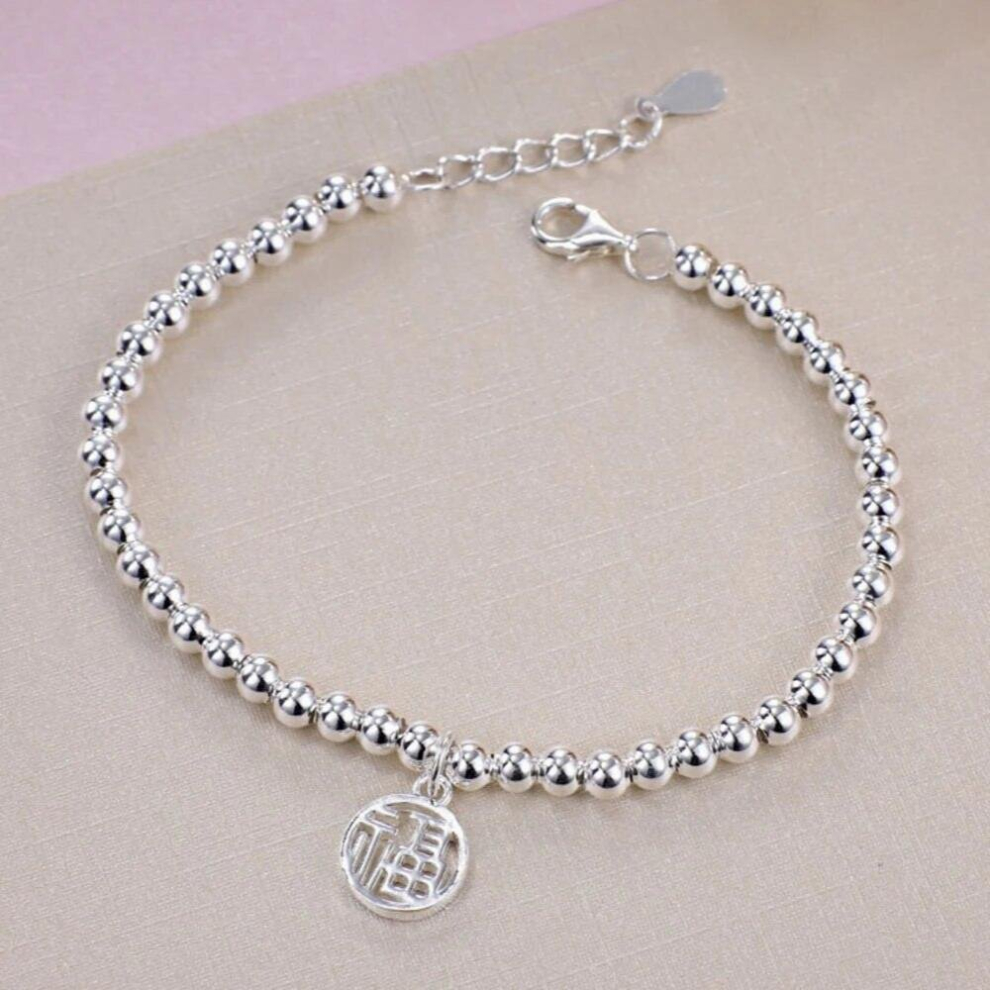 Pure Real S999 Fine Silver Lucky Fu Charm 4mmW Smooth Beads Chain Link Bracelet-image-OPC-PCSM6Q2-NEW