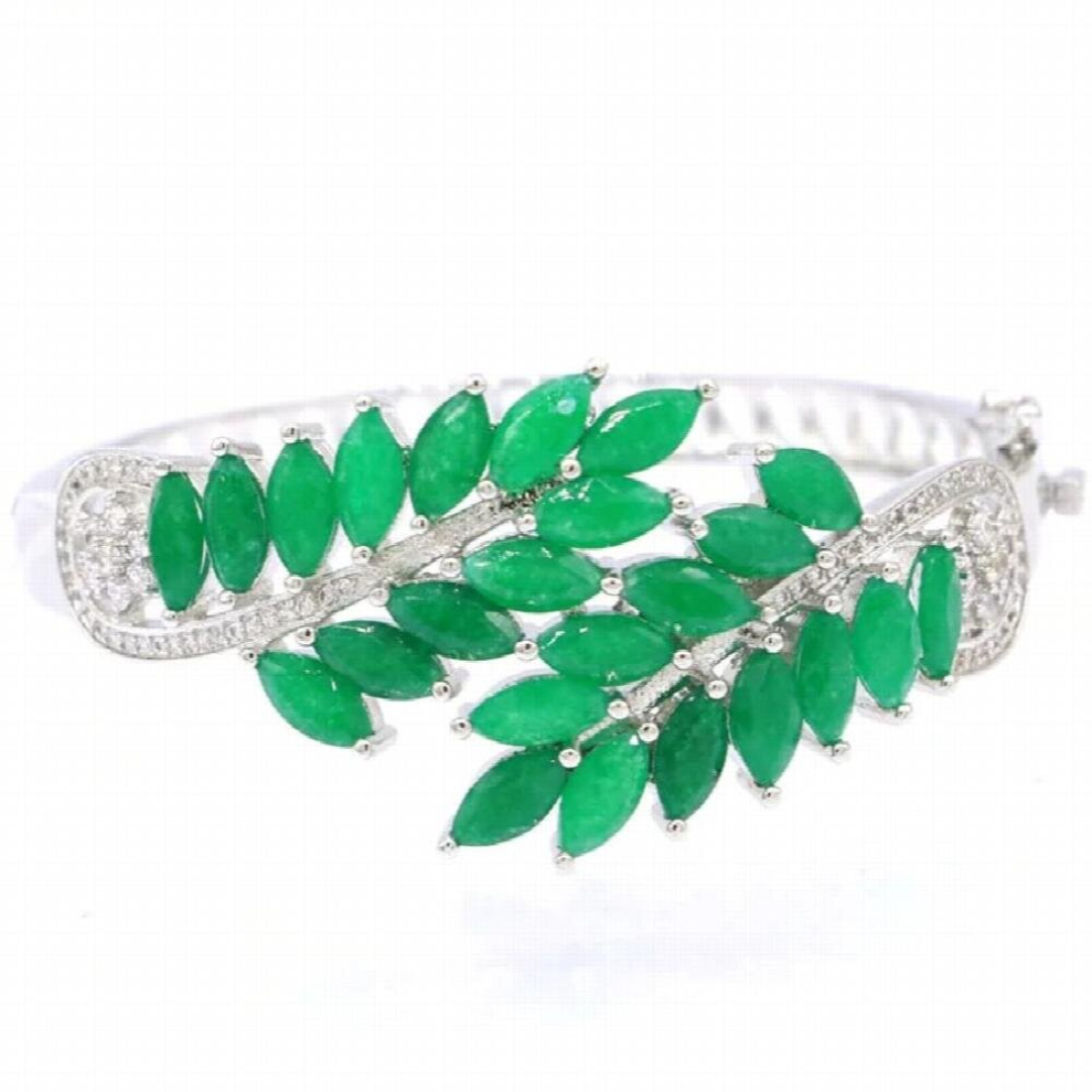59x29mm Deluxe 18g Real Green Emerald Cubic Zircon For Women Dating Silver Cuff Bangle Bracelet 7.5inch-image-OPC-PCSM8DT-NEW