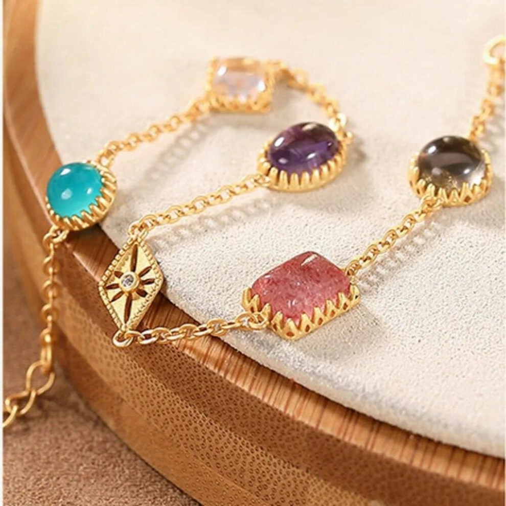 pure S925 silver gold-plated inlaid with natural strawberry crystal Tianhe stone fresh temperament female bracelet-image-OPC-PCSM9RN-NEW