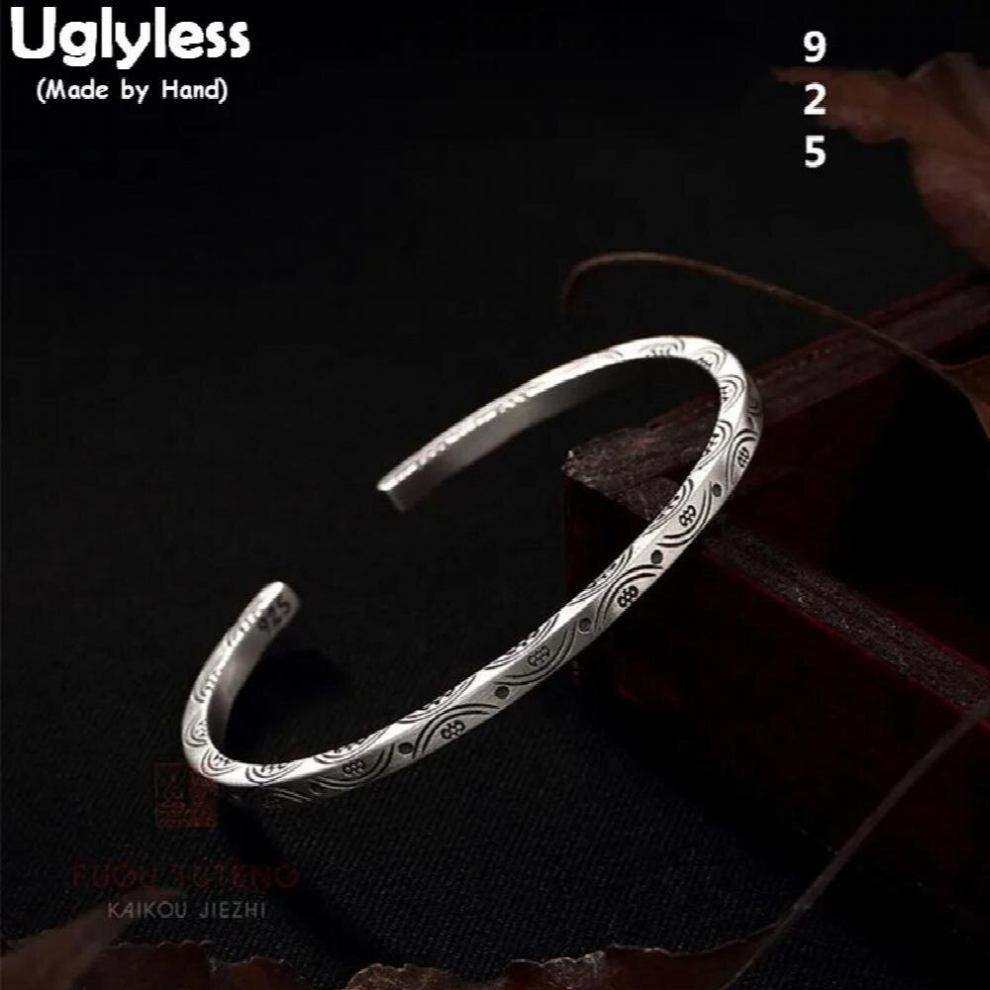 Real 925 Sterling Silver Women Open Bangles Retro Totem Patterns Square Bangle Carved Ethnic Bats Fine Jewelry-image-OPC-PCSMBJQ-NEW