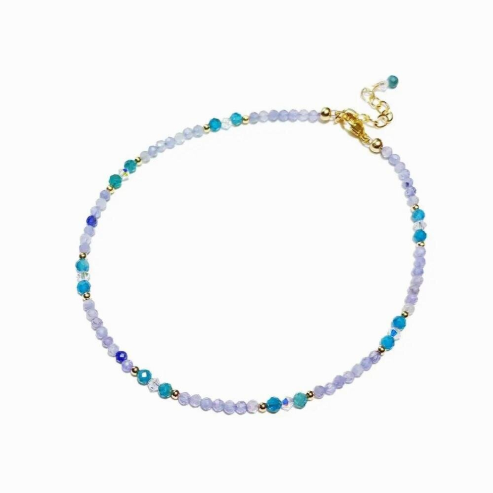 Tanzanite Apatite Natural Real Stone With Austrian Crystal 14K Filled Beaded Anklet Bracelet 24+5cm