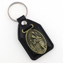 PU Leather KeyChains Saint Christopher Charm pendants for Men Tag Antique Bronze Plated Hook Key Holder Car Key Holder