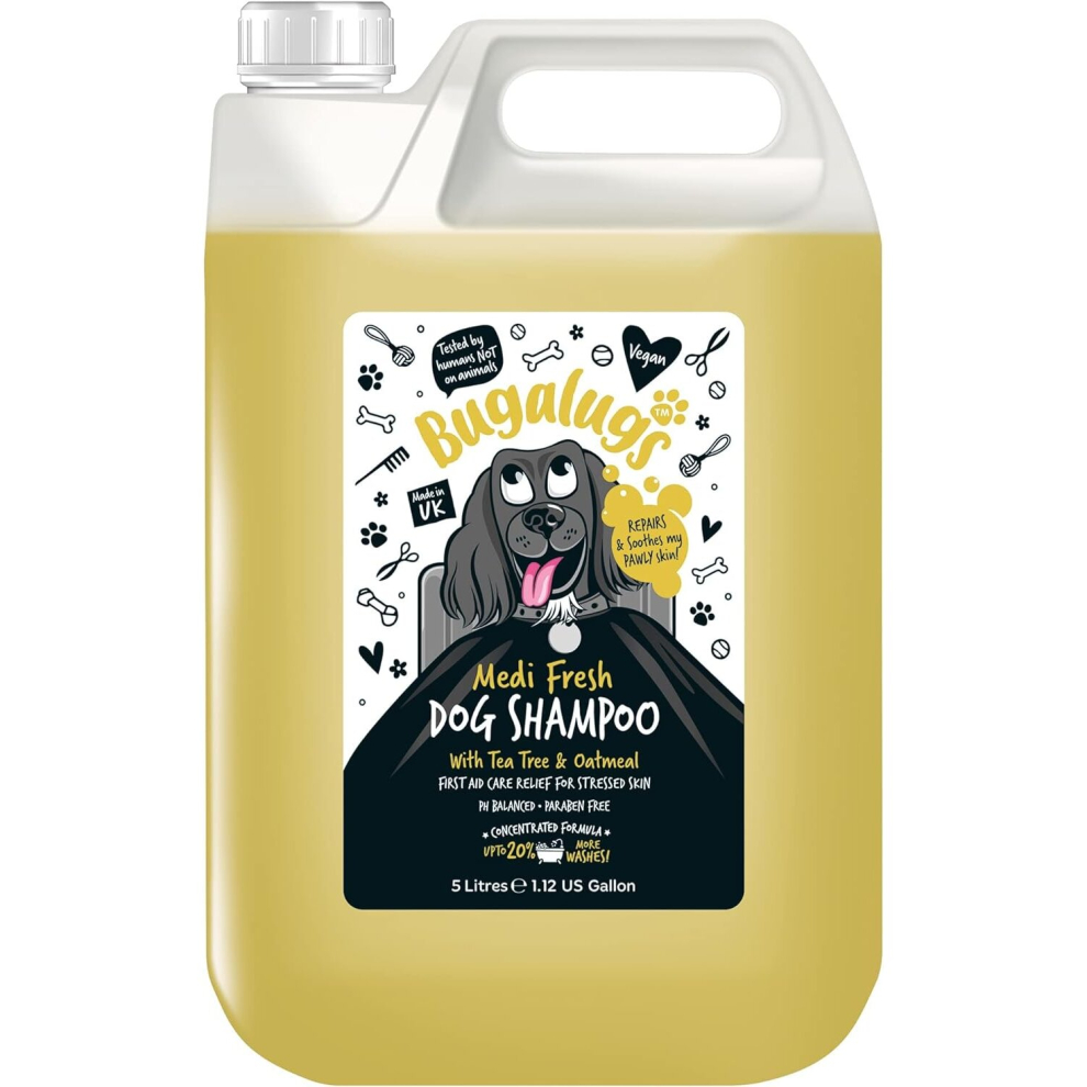 BUGALUGS Dog Shampoo Medi Fresh 5L for Itchy Skin Antibacterial And Antifungal Natural Medicated Safe Sensitive Formula - Fast Absorbing