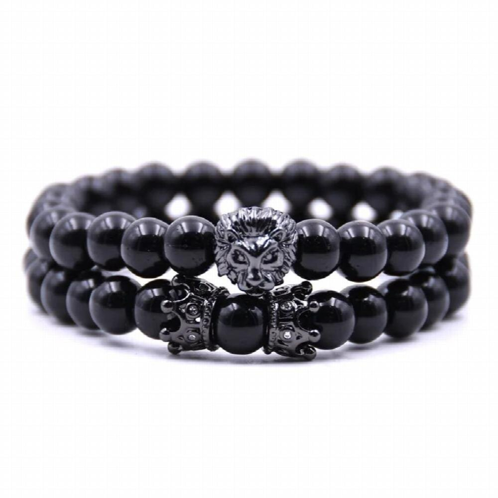 Copper Lion head CZ Crown Jewelry 8mm Natural stone Bracelet Men jewelry Elasticity Bracelets pulseiras-image-OPC-PCSMHSB-NEW