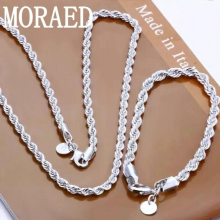 High 925 Sterling Silver 4MM Women Men Chain Male Twisted Rope Necklace Bracelets Silver Jewelry Set