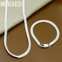 925 Silver 2 Piece 6MM Side Chain Necklace Bracelet For Women Men Jewelry Sets Wedding Gift