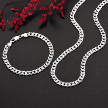 925 Sterling silver fine 7MM Chain bracelet neckalces jewelry set for man women Party wedding