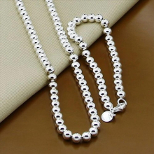 Hot Selling 925 Silver 6/8/10mm Round Ball Necklace Bracelet Jewelry Sets for Woman Men Fine Jewelry