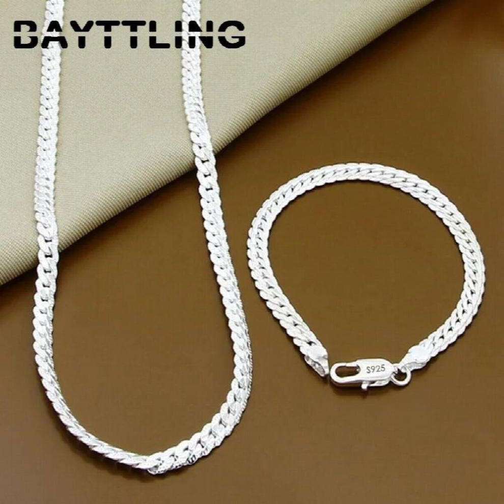 Real 925 Sterling Silver 5MM 2 Piece Full Sideways Chain Bracelet Necklace For Women Men Wedding Gift Jewelry Sets