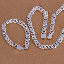 Hot Charm 925 Sterling Silver Bracelets Necklace Jewelry Set For Men Classic 10mm Square Chain 20/22/24 Inch Party Gift