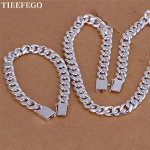 925 Sterling Silver Bracelets Necklace Jewelry Set For Men Classic 10MM Square Chain 20/22/24 Inch Party Gift