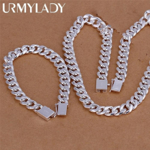 Hot charm 925 sterling Silver Bracelets necklace Jewelry set for men 10MM Square Chain 20/22/24 inch Party Gift