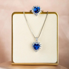 Cellacity Heart-shaped Silver 925 Jewelry Set Sapphire Pendant Necklace Open Ring For Women Zircon Engagement