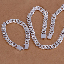 925 Sterling Silver Bracelets Necklace Jewelry Set For Men Classic 10MM Square Chain 20/22/24 Inch Party Gift
