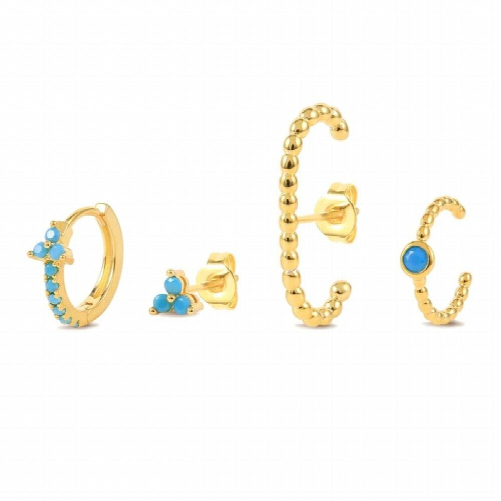 Silver Earrings Set Turquoise Crown Ear Stud Star Moon Pendant Drop Earrings Zircon Snake Clips
