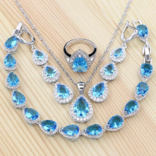 925 Silver Jewelry Sets For Women Sky Cubic Zirconia Water Drop Earrings/Pendant/Necklace/Bracelet/Ring