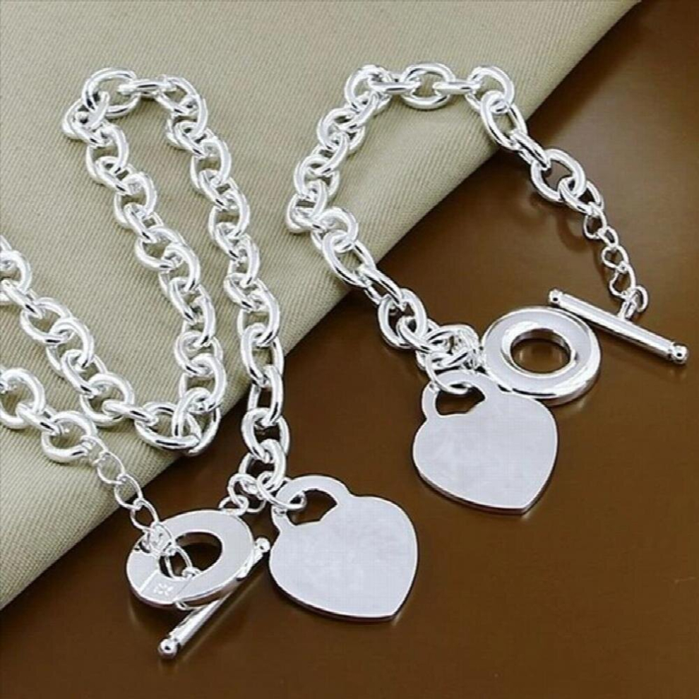 925 Sterling Silver Jewelry Heart Chain Bracelet Necklace Two-Piece Jewelry Sets Jewelry Multicoloured