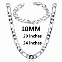 925 Sterling silver 10MM Chain bracelets neckalces jewelry set for man women party