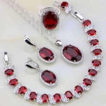 925 Sterling Silver Red Garnet & Zircon Jewelry Set for Women - Wedding Necklace, Earrings, Bracelet, Pendant, Ring