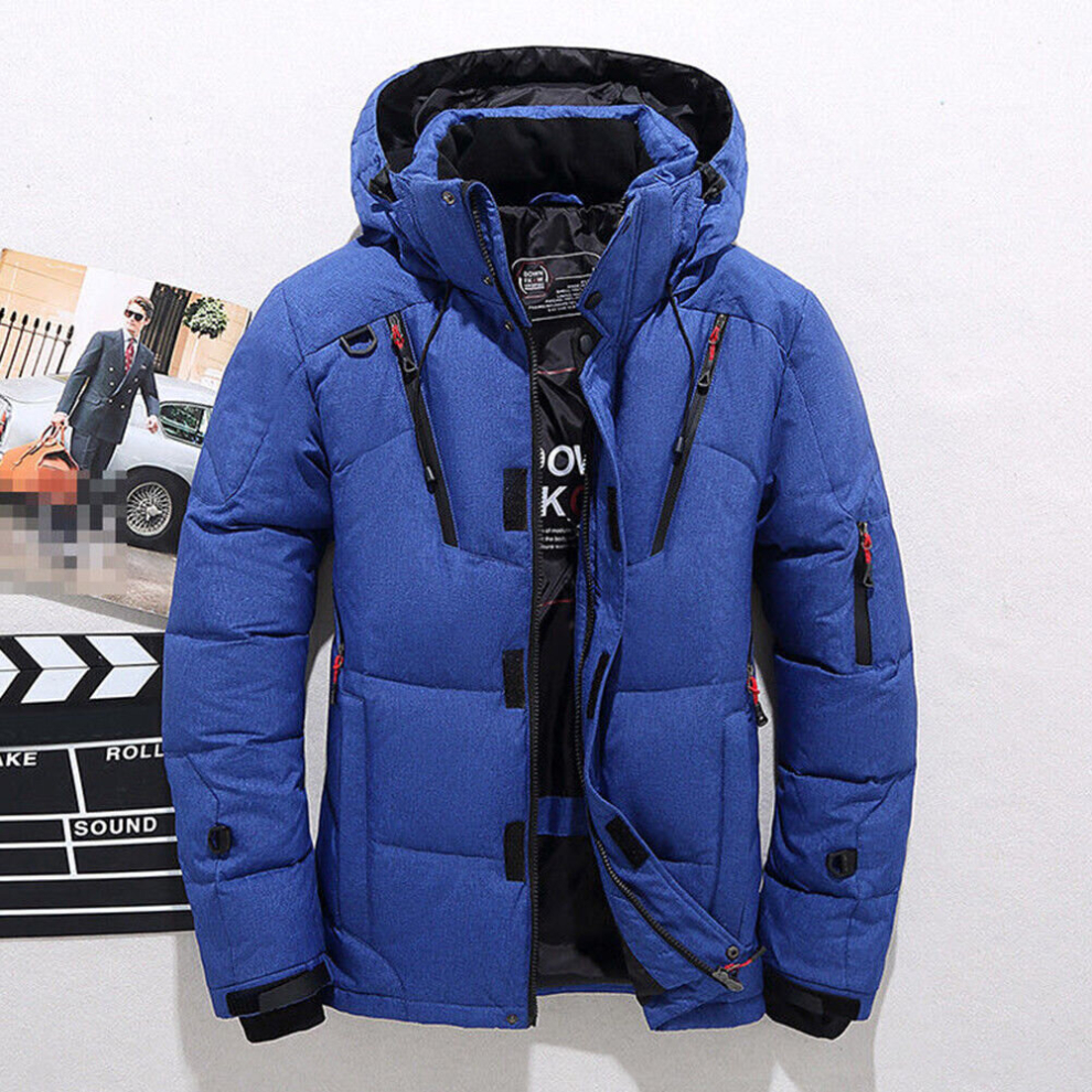 (Blue, M) Men Winter Warm Duck Down Jacket Ski Jacket Snow Thick Hooded Puffer Coat Parka+