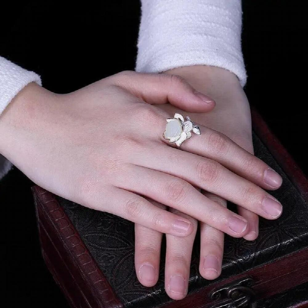 Jade Flower Rings Gemstones Stone Natural Gift Carved Adjustable Ring 925 Silver Charm Jewelry Amulet Women-image-OPC-PCSPFKC-NEW