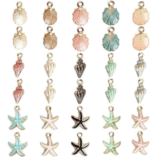 30Pcs Mixed Enamel Charms Pendants, Shell Conch Starfish Charms Pendants, Diy Handmade Accessories, Alloy Pendant, For Diy Jewellery