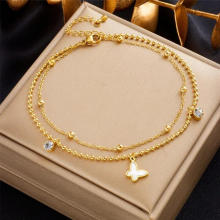 316L Stainless Steel Double Layer Butterfly Zircon Anklets For Women Girl Leg Chain Waterproof Jewelry Gift