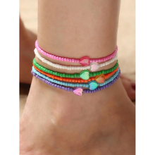 6 Pcs Set Bohemian Summer Beach Rice Beads Childrens Anklet Set for Girls Transparent Resin Star Love Foot Party Jewelry