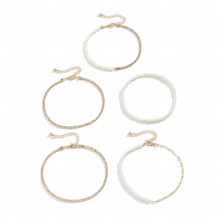 5pcs/set Bohemia Multilayer Rhinestone Tennis Chain Anklet for Women Teen Classic Simulated Pearls Beaded Foot Jewelry
