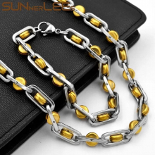 Stainless Steel Necklace Bracelet Set 8mm Geometric Beads Link Chain Silver Plated Men Women SC169 S