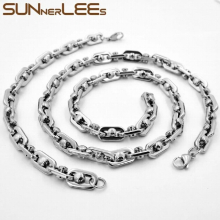 Jewelry 316L Stainless Steel Necklace Bracelet Set 9mm Geometric Link Chain Silver Plated Men Women SC74 S