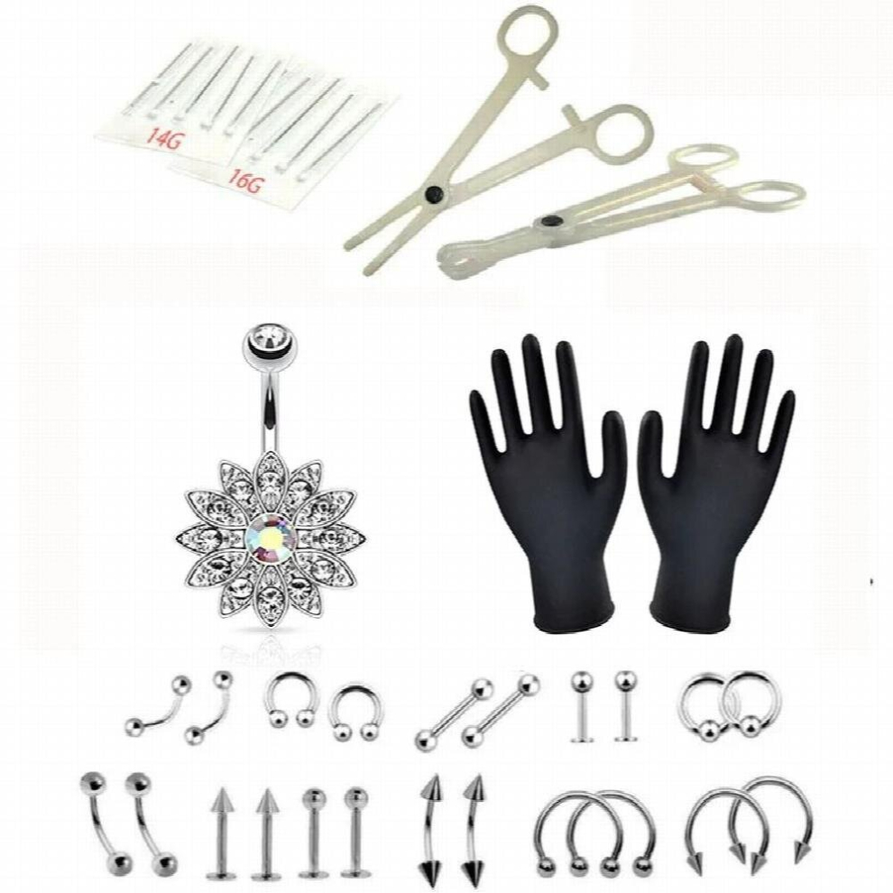 Professional Body Piercing Nipple Needles Navel Ear Nose Tool Kit 41PCS