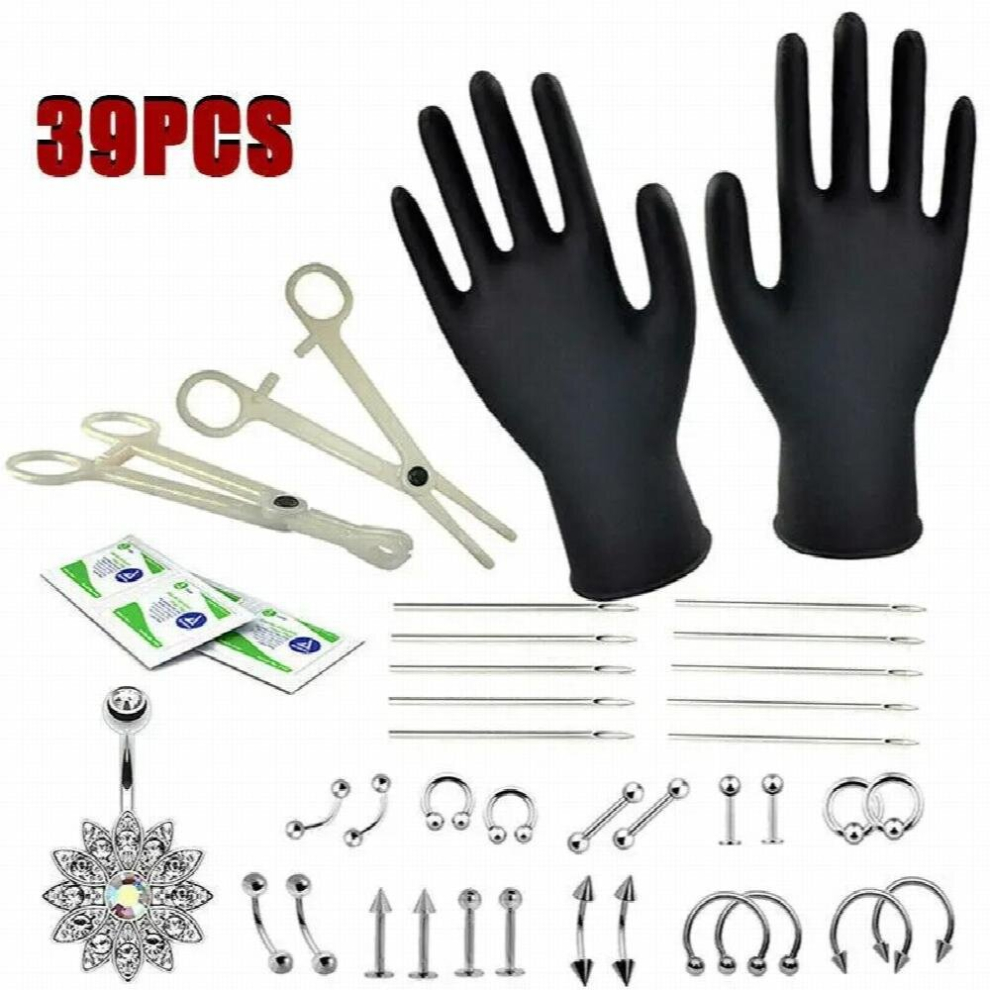 39Stk Set Piercingzange Einwegzange Nadel Werkzeug Piercingschmuck Edelstahl Kit