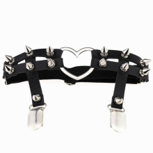 Heart shaped metal garter belt Club bar leather mesh elastic rivet leg girdle garter clip