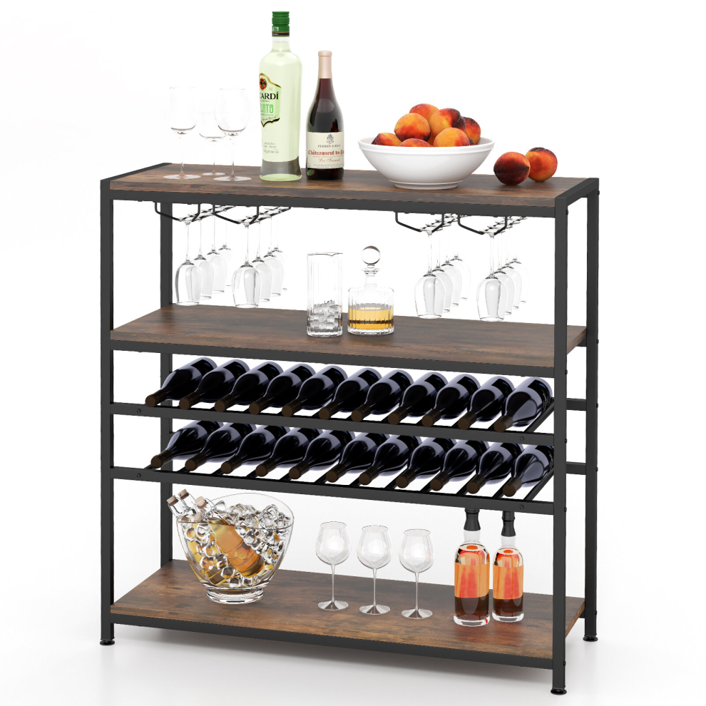 5-Tier Wooden Wine Rack Modern Kitchen End Table w/ Glass Holder Industrial