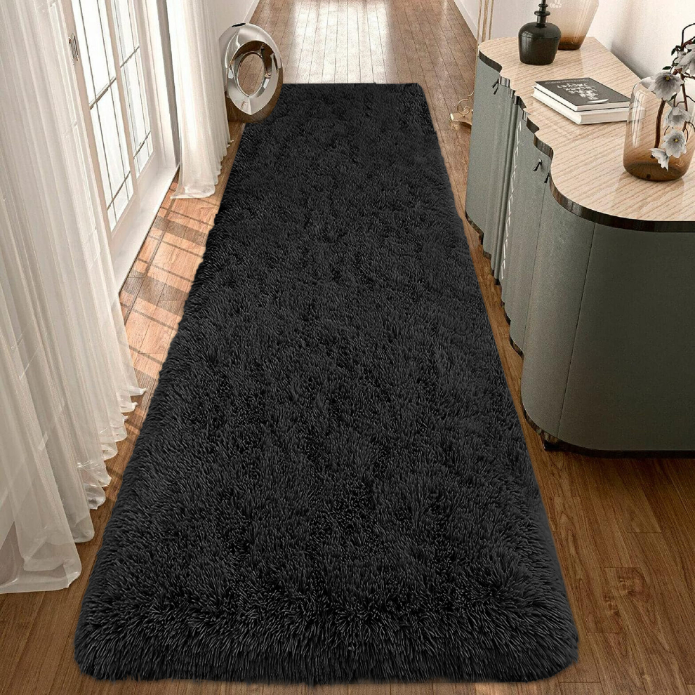 (80cm x 300 cm (2 ft 6 in x 10 ft), Black Shaggy Rugs) Fluffy Rug Non-Slip Shaggy Rugs Living Room Carpet