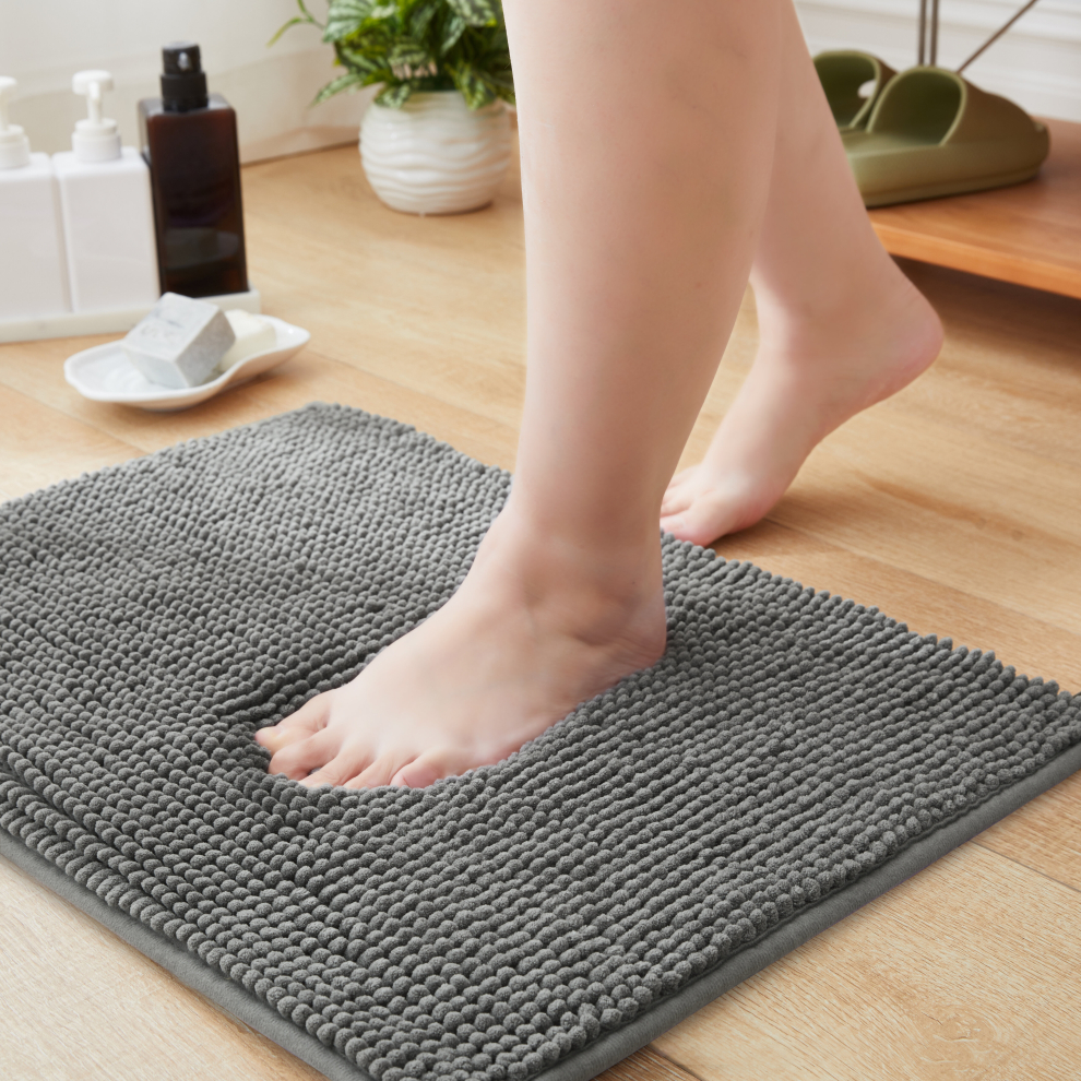 (40 X 60 cm, Chenille Grey) Non Slip Bath Mats Foam Chenille Bath Door Mats