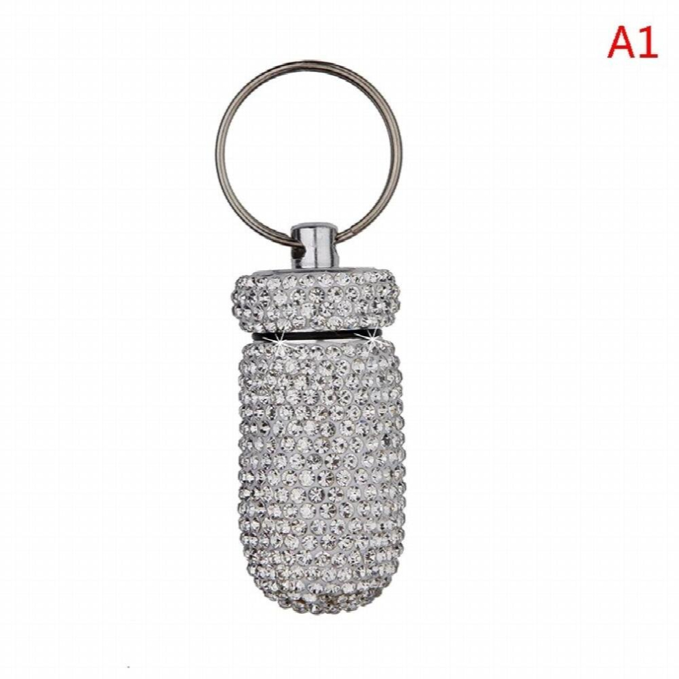 Diamond-encrusted Keychain Pill Box Creative Portable Glittering Fine Workmanship Full Rhinestone Aluminum Pill Bottle