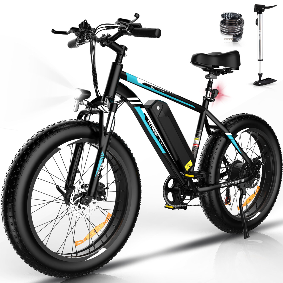 (Black-Blue) HITWAY 26 * 4.0 Fat Tire Mountain Electric Bike , Commuter E Bike with 48V 15Ah Removable Battery