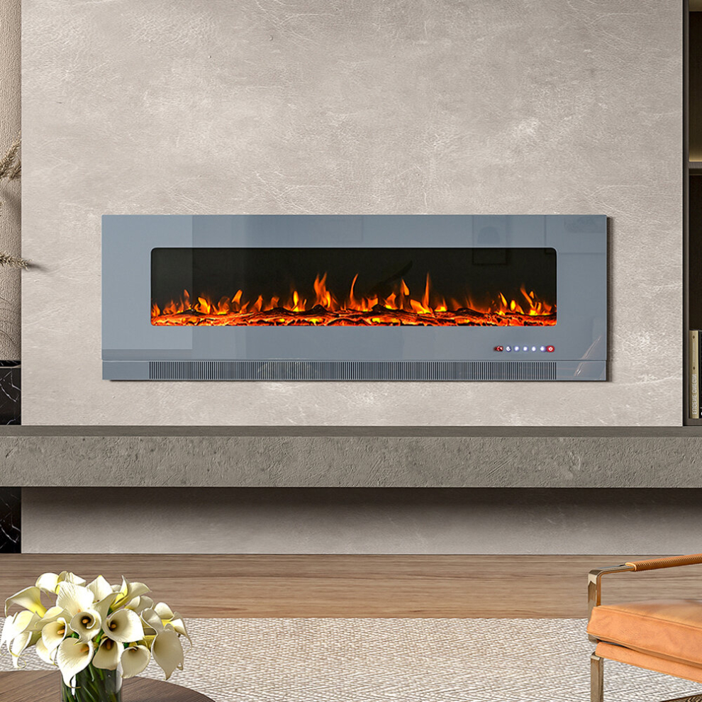 Grey 60 Inch Wall Mounted LED Electric Fireplace with 12 Flame Colours