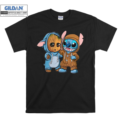 (X-Large, Black) Stitch And Groot Cosplay  Black Women T Shirt T-Shirt Tshirt Top