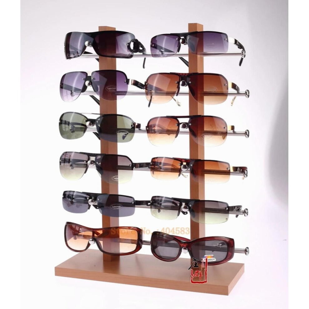 Double Row 12 Grid Wood Display Sunglasses, Display Stand For Eyeglass Grain
